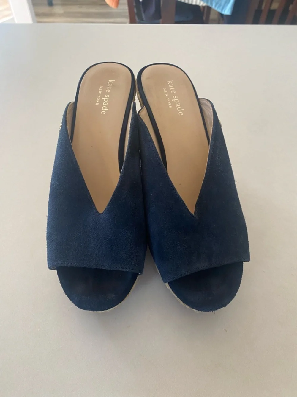 KATE SPADE THEA WEDGE ESPADRILLE SANDAL HEEL SUEDE NAVY WOMENS SZ 8